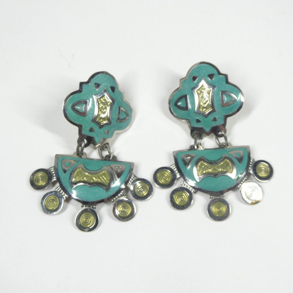Edgar Berebi Earrings Blue Lime Green Enamel Silver Chunky Abstract Dangle Vtg